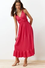 Trendyol Fuchsia Plain Gathered Maxi Skirt Ruffle V Neck Strappy Maxi Ribbed Flexible Knit Dress