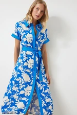 Happiness İstanbul Women's Blue Floral Summer Slim Viscose Dress