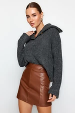 Trendyol Brown Faux Leather High Waist Mini Knitted Skirt