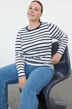 Trendyol Curve Navy Blue Striped Premium Viscose Soft Fabric Fitted Flexible Knitted Plus Size Blouse