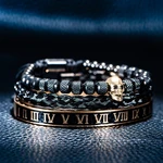 Luxury 3pcs/Set Skull Charm Black Bracelet Stainless Steel Men Enamel Roman Number Bangles Europe Fashion Couple Jewelry