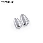 TOPGRILLZ Double Caps Yellow Gold Color Plated Grillz Canine Plain Two Teeth Right Top Single Caps Grills