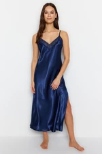 Trendyol Indigo Lace and Slit Rope Strap Satin Woven Nightgown