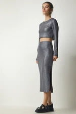 Happiness İstanbul Women's Gray Sparkly Ribbed Crop Skirt Suit