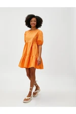 Koton Mini Poplin Dress with Balloon Sleeves Ruffles Crew Neck Cotton