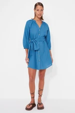 Trendyol Blue Belted Mini Woven 100% Cotton Beach Dress