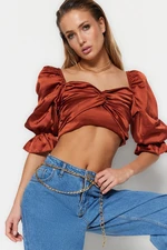 Trendyol Cinnamon Crop Lined Woven Satin Blouse