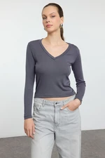 Trendyol Anthracite Premium Soft Fabric V Neck Fitted/Fits Body Flexible Knitted Blouse