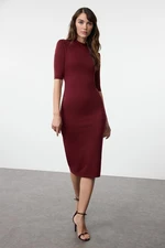 Trendyol Burgundy Stand Collar Bodycone/Fits the Body Three Quarter Sleeve Midi Knitted Dress