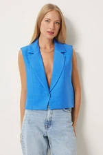 Happiness İstanbul Women's Blue Buttoned Linen Vest