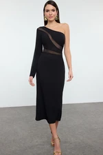 Trendyol Black Fitted Transparent Detailed Single Sleeve Woven Dress