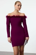 Trendyol Plum Body-Sit Carmen Collar Otrish Detailed Woven Short Elegant Evening Dress