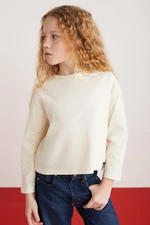 GRIMELANGE Nicola Girl's 100% Cotton Long Sleeve Crew Neck Crop Ecru T-shir