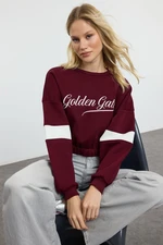 Trendyol Claret Red Thick Polar Fleece Relaxed/Comfortable Cut Slogan Embroidered Knitted Sweatshirt