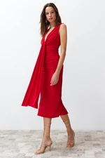 Trendyol Red Fitted Draped Knitted Elegant Evening Dress