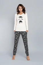 Pyjamas Dima long sleeves, long pants - ecru print/dark melange