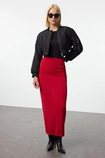 Trendyol Claret Red Premium Shiny Surface and Soft Texture Draped Maxi Knitted Skirt