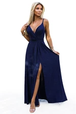 Elegant long shiny dress with a neckline and slit on the legs Numoco