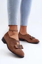 Women's low-heeled eco-friendly suede shoes with embellishments, brown hadiena