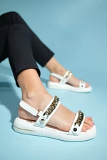 LuviShoes LOKET White Women&#39;s Sandals with Chain Detail