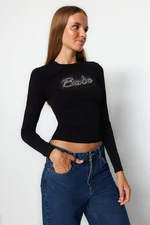 Trendyol Black Shiny Stone Printed Cotton Fitted Crop Knitted Blouse