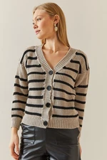 XHAN Mink Striped V-Neck Buttoned Cardigan