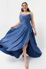 Lafaba Women's Indigo Plus Size Satin Evening Dress with a slit. Prom Prom Dress.