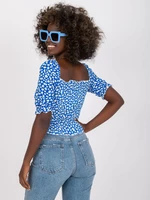 Blue viscose short blouse with print RUE PARIS