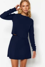 Trendyol Navy Blue Off-Shoulder Crew Neck Crop Thessaloniki/Knit-Look Knitted Blouse