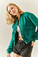 XHAN Emerald Green Snap Buttoned Crop Bomber Jacket