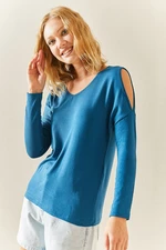 XHAN Petrol Blue Off-the-Shoulder Loose Loose Blouse