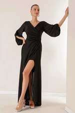 By Saygı Double-breasted Collar Draped Lined Long Sleeve Dress