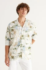 AC&Co / Altınyıldız Classics Men's Ecru-blue Oversized Wide Cut, Cuban Collar Printed Linen Shirt.