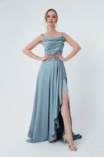 Lafaba Women's Baby Blue Ruffles and Slit Satin Evening & Prom Dress