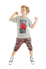 Mushi Triceratops Boys' Gray T-shirt Camouflage Shorts Capri Summer Suit.