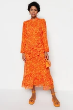 Trendyol Frill Lined Woven Chiffon Dress With An Orange Floral Skirt