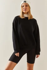 XHAN Black Crew Neck Ribbed Oversize Sweatshirt