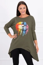 Oversize blouse with khaki rainbow lips print