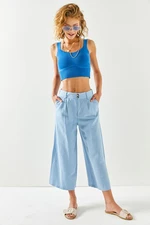 Olalook Women's Baby Blue Pockets, Pleated Wide Leg Linen Trousers