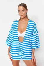 Trendyol Blue Striped Belted Mini Knitted Kimono & Caftan