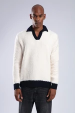 XHAN Ecru Polo Collar Plush Sweater