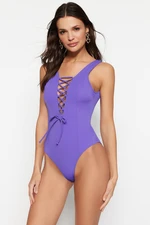 Trendyol Purple Deep-Chocolate Piping Regular Leg Swimsuit