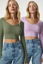 Happiness İstanbul Women's Khaki Lilac V-Neck 2-Pack Crop Top