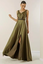 By Saygı V-Neck Wide Straps, Bead-lined Waistline, Wide Body Evening Long Satin Dress