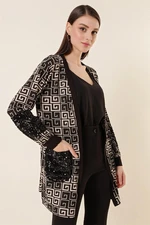 By Saygı Sequin Detailed Lycra Cardigan With Pockets, Geometric Pattern Black.