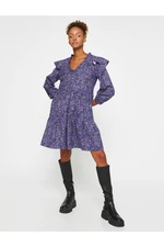 Koton Floral Winter Dress Flounced V-Neck Ruffles