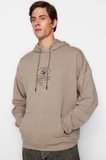 Trendyol Mink Men's Oversize/Wide-Cut Hoodie with Mystical Printed on the Front/Back, Thick Cotton Sweatshirt.