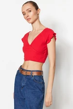 Trendyol Red Crop Corduroy Knitted Cotton Shirt, Double Breasted, Double Breasted