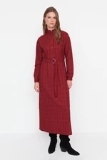 Trendyol Claret Red Standing Collar With Belt, Woven Shirt Dress