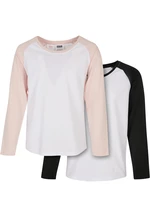 Girls' Contrasting Raglan Long Sleeves 2-Pack White/Pink+White/Black